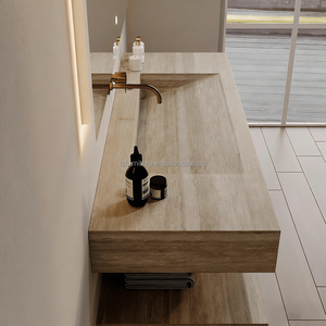 Wash Basin Floating Vanity Bathroom Hotel Wall Mounted Stone <b>Top</b> Integrated Sink Travertine Bathroom Vanity - Product Image 5