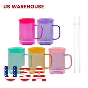 Verres à sublimation 17oz tasse en verre transparent résistant à la chaleur gelée colorée petit déjeuner café bière chope avec couvercle en plastique