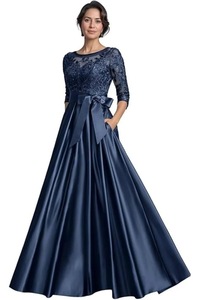 <span class=keywords><strong>Vestido</strong></span> de Noche Largo de Satén con Apliques de Encaje y Manga 3/4 <span class=keywords><strong>para</strong></span> <span class=keywords><strong>Boda</strong></span>, Cuello Redondo, <span class=keywords><strong>Vestido</strong></span> de Gala, Vestidos <span class=keywords><strong>para</strong></span> la Madre de la Novia - Product Image 2