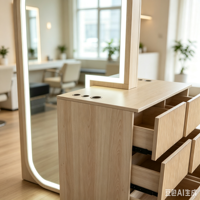 Station de coiffure autoportante en bois clair avec miroir LED arqué éclairé