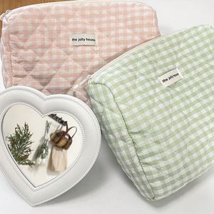 Hot Sale Pink Green Checkered Makeup Bag Large Capacity Plaid Cosmetics Travel <b>Storage</b> Bags With Zipper - Product Image 4