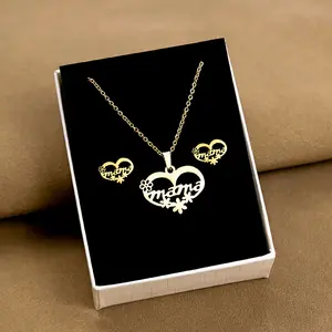 2024 Mother's Day Pendant Necklace Stainless Steel Three Leaf Necklace Cute Heart Titanium Steel Necklace Earring Jewelry Set