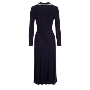 Robe pull tricotée mi-longue décontractée et simple pour femme, col polo noir, manches longues, simple boutonnage, collection automne-hiver - Product Image 2