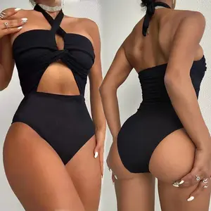 Ladymate ODM/OEM kadın seksi çapraz bandaj mayo Halter Hollow mayo mayo Beachwear kadın tek parça Monokini