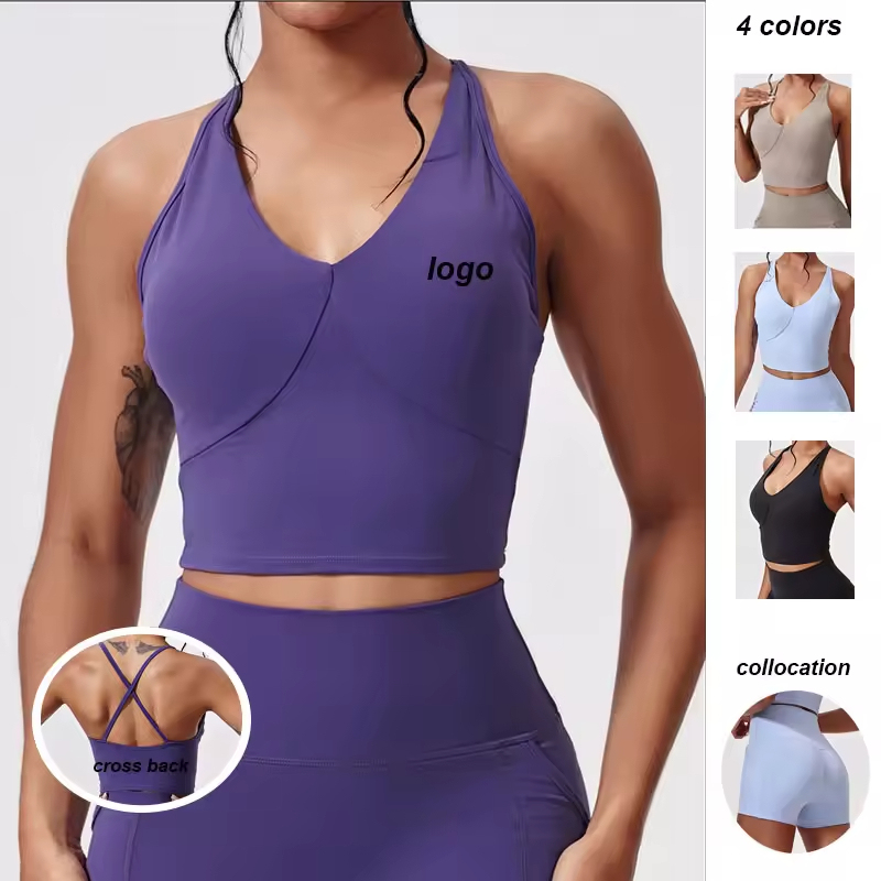 Custom Logo Solid Color Quick-drying High-elastic Sports Top Fitness Workout Low-cut Yoga Bra Beauty Back Sports T-shirts