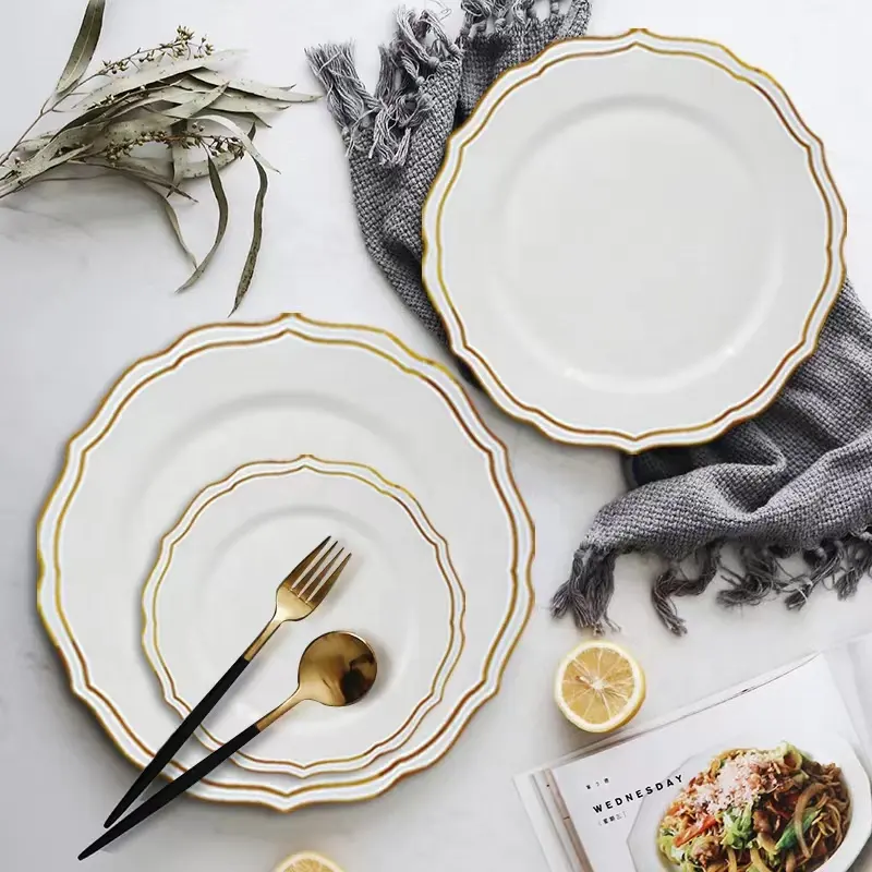 Factory wholesale Restaurant White Porcelain Bone China Dinner plate Set Hotel Ceramic Tableware Crockery dish Sets with Gold