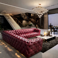 Maßgefertigtes Vollständig Getuftetes Echtes Leder Rotes Chesterfield Rustikales L-förmiges Schlafsofa-Set für Hotels und Villen