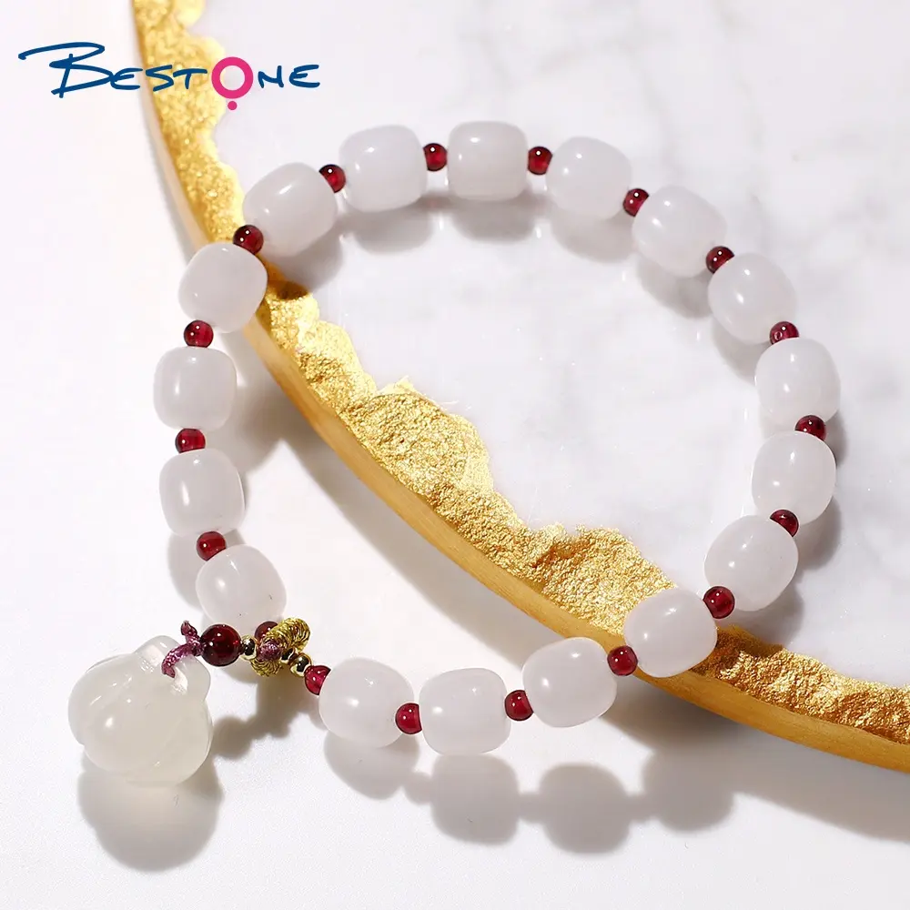 Bestone 8mm White Chalcedony Barrel Stones Beads 3mm Garnet Bracelet With Pumpkin Agate Charm Stock