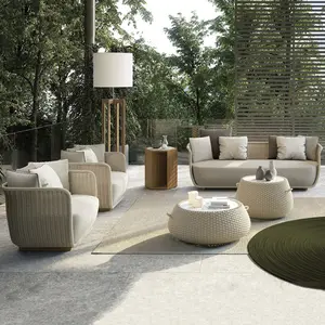 नि: शुल्क संयोजन लक्जरी पीई रतन आधुनिक कमरे आउटडोर उद्यान Patio फर्नीचर 7 सीटों वाले चाय की मेज कुर्सी सोफा सेट