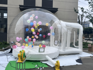 Maison à bulles gonflable blanche, modèle transparent avec souffleur d'air, trampoline, ballons 3x5M - Product Image 3