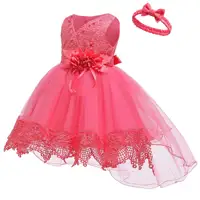 ילדי צווארון V שמלת עיצוב עבור תינוק ילדה כדור כותנות פרח חגורת ארוך זנב חמוד 2 שנים טבילת שמלת ילדה