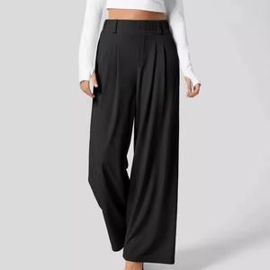 Pantalon large noir taille haute pour femme, personnalisé OEM, avec drapage, idéal pour les tenues décontractées et de bureau - Product Image 1