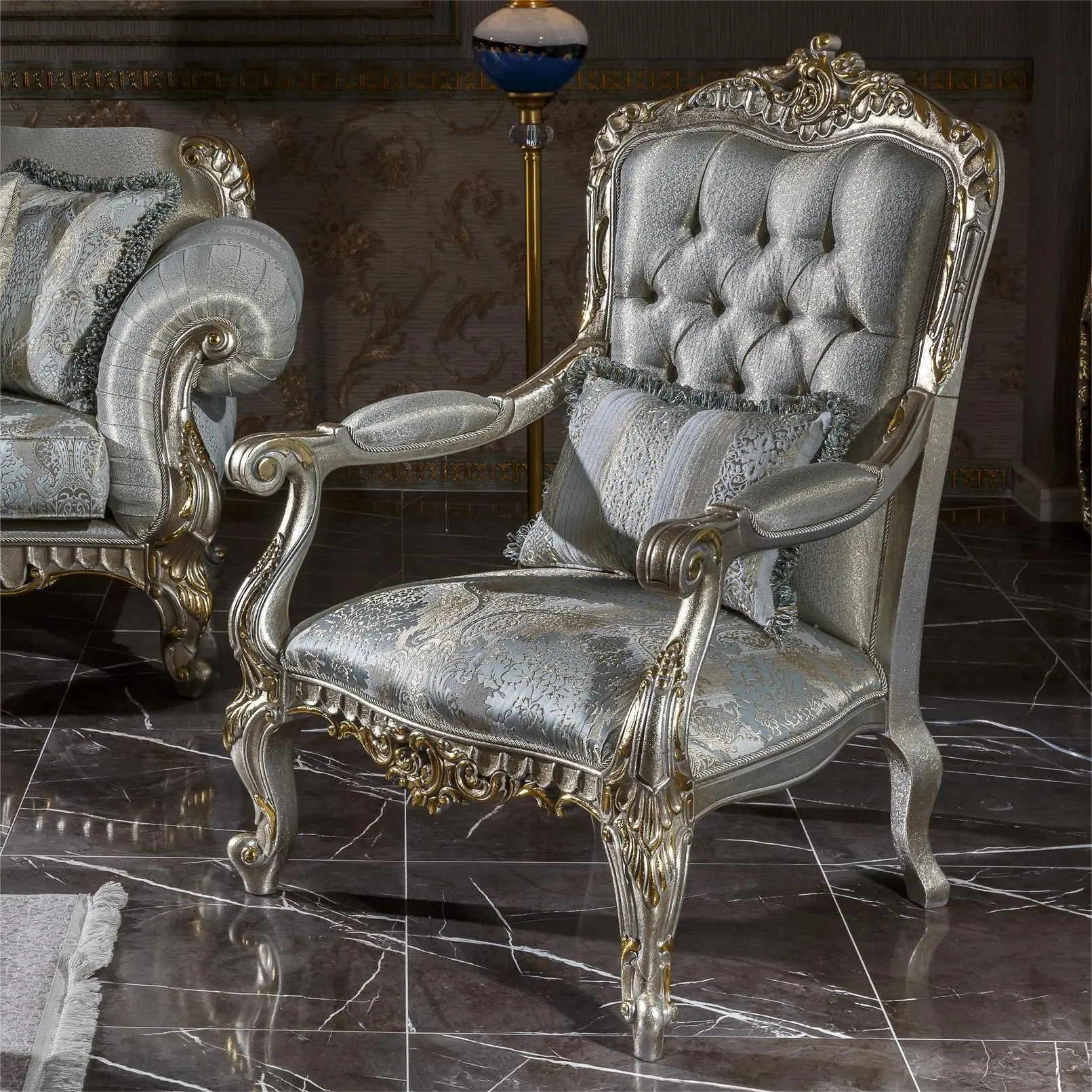 Design élégant Style classique 100% sculpture à la main meubles de salon de luxe fauteuil en tissu personnalisé