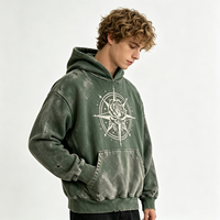 Rose Compass Heavyweight Acid Wash Hoodie Geometric Floral Print Pullover Sweatshirt Green Sun Faded Distressed Streetwear