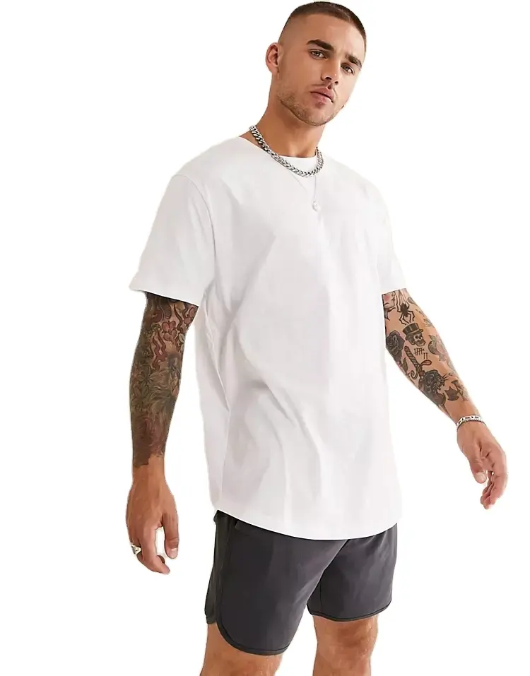 China Manufacturer Cotton Spandex 180gsm Custom Curved Hem Men White Long T-shirt