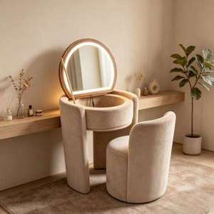 Upholstered Fabric <strong>Pine</strong> Wood Home Furniture <strong>Dressing</strong> <strong>Table</strong> with LED Flip Mirror, Makeup Vanity Set for Residential Household - Product Image 5