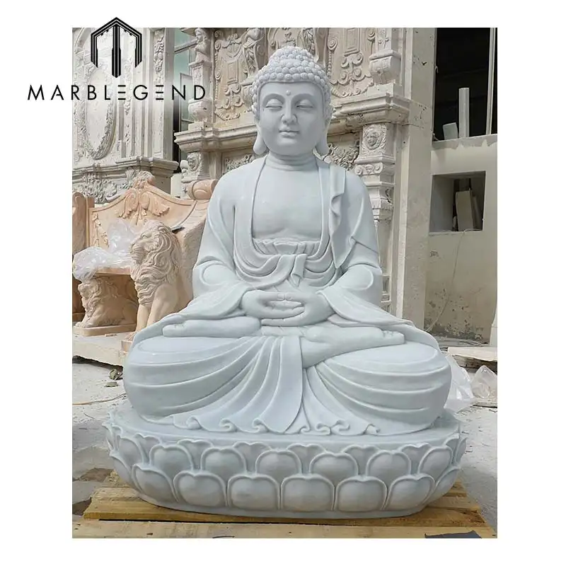 Pedra do jardim ao ar livre flor de lótus meditação buda escultura mão esculpida em mármore branco estátua de buda meditando