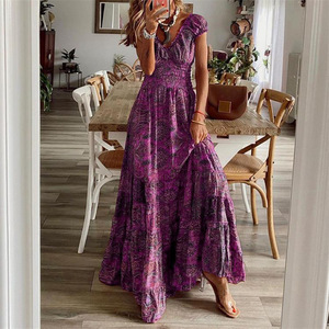 Women's <b>Boho</b> Paisley Maxi <b>Dress</b> Smocked Waist Ruffled Hem Casual <b>Summer</b> Long <b>Dresses</b> Fashion - Product Image 6