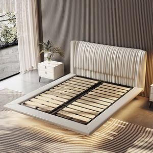 Juego de cama flotante moderno en forma de concha, cama de cuero tapizado de diseñador de estilo crema, marco de cama King de Hotel de lujo con luz - Product Image 4