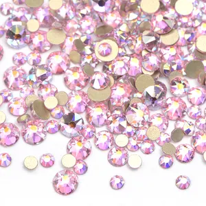 16 Segi Potongan Ukuran Campuran Merah Muda AB Pipih Bulat Batu Kristal Applique Kaca Berlian Imitasi untuk Dekorasi Seni Kuku