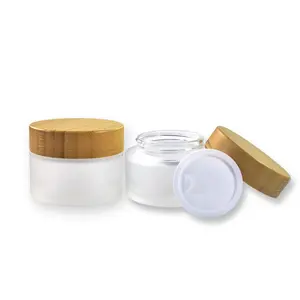 空身磨砂奶油生态化妆品容器5g 15g 30g 50g 100g带天然竹帽的雾磨砂透明玻璃罐