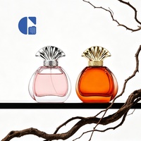 Botella de Perfume de Vidrio de Lujo, Curva y Plana, Vacía, con Pulverizador, Tapa Dorada/Plateada con Relieve de Abanico, Envase Cosmético