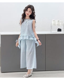 Ensemble élégant brodé sans manches avec pantalon large pour <span class=keywords><strong>grande</strong></span> fille – <span class=keywords><strong>Tenue</strong></span> décontractée estivale pour l'école et le quotidien - Product Image 6