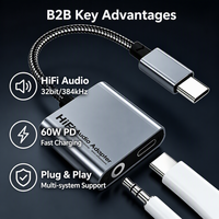 Nouvel adaptateur audio 2-en-1 Type-C vers 3,5 mm, charge rapide PD 60W, son HiFi, convertisseur USB-C en alliage d'aluminium tressé, vente en gros