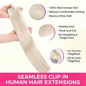 Extensiones de Cabello con Clip Invisibles, Cabello Humano PU, Extensiones con Clip Sin Costuras, Cabello Liso y Lujoso Rubio Platino para Mujer - Product Image 3