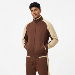 Veste de survêtement homme marron beige à blocs de couleur, manches longues, col montant, fermeture éclair sur le devant, décontractée, pour l'automne, en mélange polyester-coton - Product Image 1
