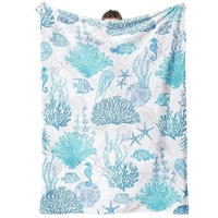 Blaue Küsten-Überwurfdecke aus Flanell-Fleece mit gewebten Seesternen, Muscheln und Korallen für Bett und Couch