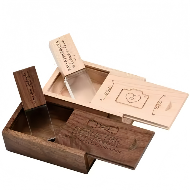 Crystal USB Flash Drives 128GB Custom Logo Memory Stick Photography Wedding Gift Pen Drive 64GB Wooden Box Pendrive 32GB 16GB