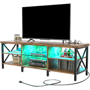 Soporte <span class=keywords><strong>de</strong></span> TV LED industrial moderno para televisores <span class=keywords><strong>de</strong></span> hasta 65 pulgadas, consola <span class=keywords><strong>de</strong></span> Panel <span class=keywords><strong>de</strong></span> madera y Metal resistente con estantes abiertos para sala multimedia en el hogar - Product Image 1