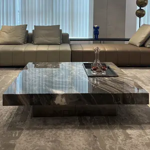 Marble designed Rock plates top with stainless steel black nickel base combination square coffee table set