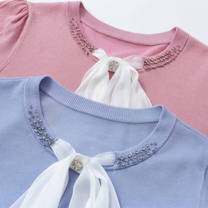 Maglione Elegante da Donna Rosa a Costine con Colletto in Strass e Fiocco in Raso, Manica Media, Vestibilità Slim, Blusa Lavorata a <span class=keywords><strong>Maglia</strong></span> per Ufficio, Maglione Morbido - Product Image 2
