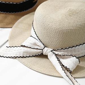 Korean Style Flat Top <b>Straw</b> <b>Hat</b> for Women Spring Summer Bow Strap Seaside Holiday Beach Casual Sun <b>Hats</b> Fashion <b>Boater</b> <b>Hat</b> - Product Image 4