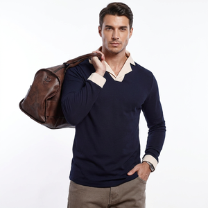 Men's <b>Navy</b> Long Sleeve for Shirt for Collar Cuffs Knitted Cotton Solid Smart Casual Style Anti-Wrinkle Quick Dry Front Logo - Product Image 5