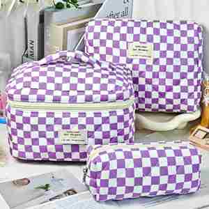 Large Capacity Quilted Letter Cosmetic Bag <b>Set</b> Portable Cotton Makeup Bags Zipper Closure Fashionable Travel Storage Bag - Product Image 4
