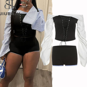 Camicia stringata a righe monospalla Sexy da donna autunno manica lunga e Mini abito corto alla moda 2 pezzi - Product Image 1