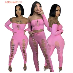 New Trendy Black Pink Knit Two Piece Set Women Clothing 2024 Spring Fall Outfits Ladies Hollow Out Skinny Pants Sets