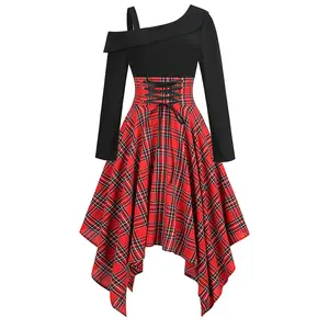 Fashionable waist single shoulder belt dress New style long sleeved splicing waistband shows slim irregular plaid skirt for wome