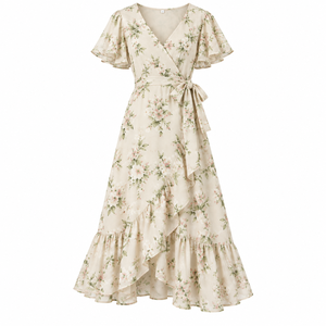 Vestido Maxi de Viscosa con Estampado Floral, Vestido Informal Cruzado con Cuello en V, Manga con Volantes, Corte en A y Dobladillo Asimétrico - Product Image 1