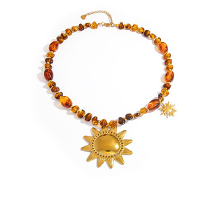 Stainless Steel Sun Pendant Necklace Resin Beaded Autumn Winter Style Women's Clavicle Chain Geometric <b>Star</b> <b>Design</b> - Product Image 5