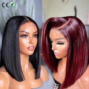 พร้อมส่งวิกผมหน้าผากลูกไม้แบบตัดสำเร็จ 13x4 ผมแท้สีดำธรรมชาติ วิกผมบ๊อบสั้นสีแดงเบอร์กันดี วิกผมแท้แบบแสกกลาง - Product Image 1