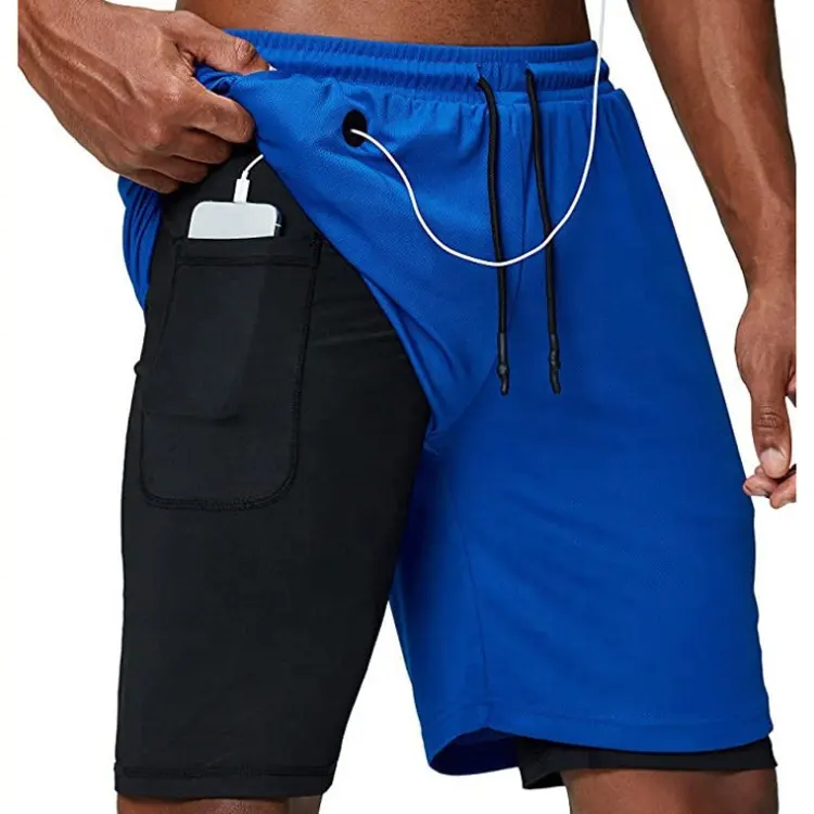 กางเกงขาสั้นออกกำลังกายสำหรับผู้ชาย,กางเกงกีฬาขาสั้นสองข้างมีกระเป๋ามีช่องเสียบหูฟังโทรศัพท์มือถือสำหรับฤดูร้อน