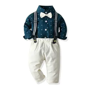 可爱的转动下来衣领设计幼儿男孩衣服套装新生 2 件衣服绅士婴儿男孩服装批发