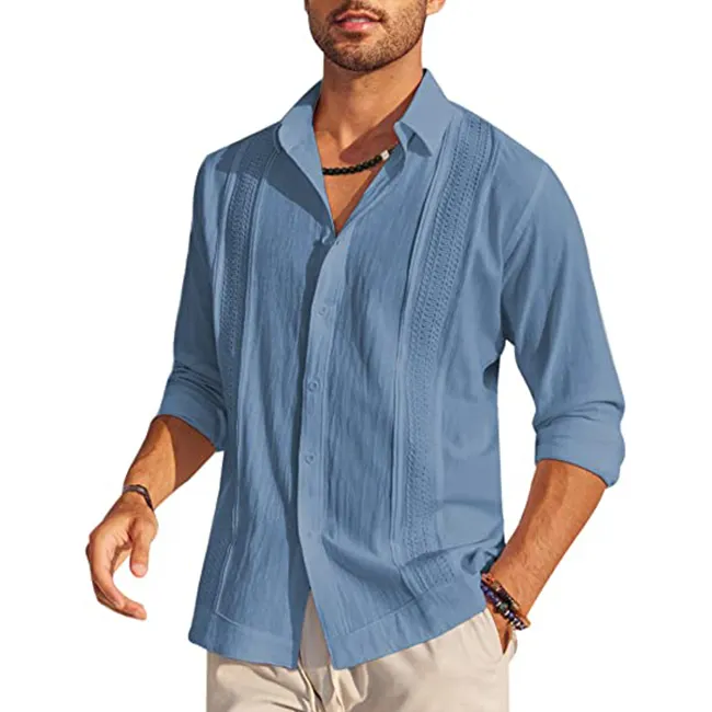 Heren Cubaanse Guayabera Overhemden Lange Mouw Casual Button Down Shirt Katoenen Strandtops