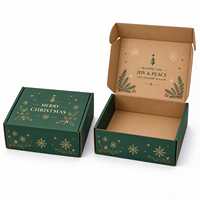 Boîte d'expédition en carton ondulé vert avec motif flocon de neige et branche de pin, intérieur kraft, pour cadeaux de Noël, emballage de vente au détail