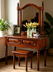 Vintage Solid Wood Dressing Table Set With <b>Mirror</b> Stool 2 Drawers Walnut Bedroom <b>Makeup</b> Vanity Desk - Product Image 3