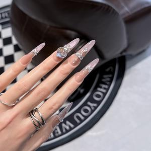 Uñas Postizas de Lujo con Diseño de Ojo de Gato y Manicura Francesa, Decoradas con Cristales de Rhinestone, Hechas a Mano - Product Image 5